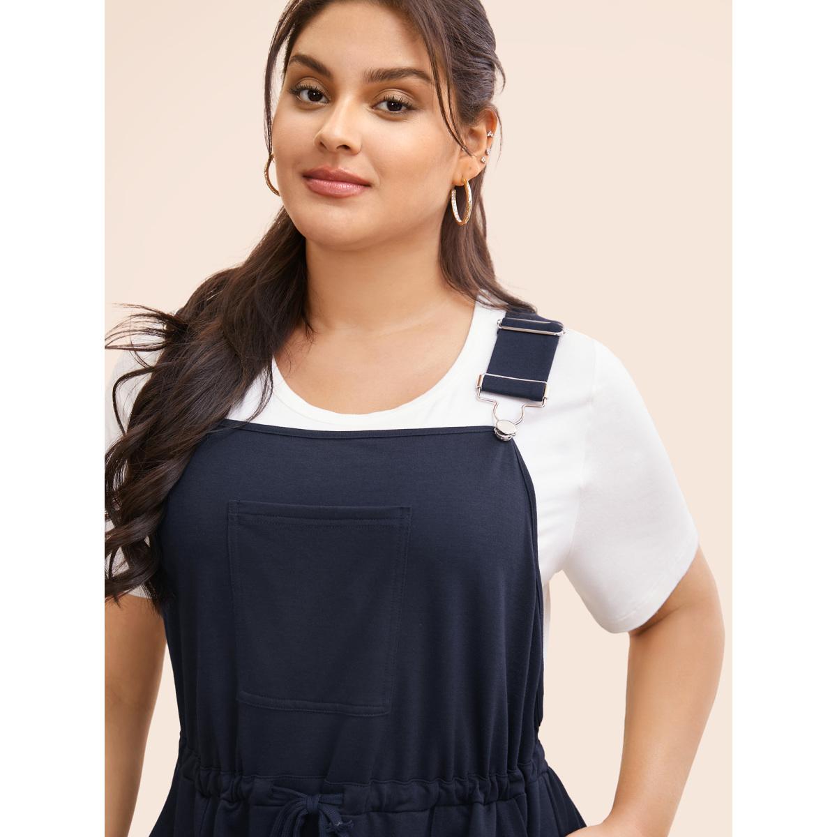 Plus Size Plain Pocket Drawstring Overall Dress Navy Women Casual Non Non Sleeveless Curvy BloomChic 28/5X Product Image
