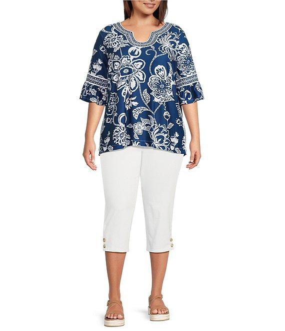 Ali Miles Plus Size Floral U-Shaped Neck Elbow Sleeve Tunic Product Image