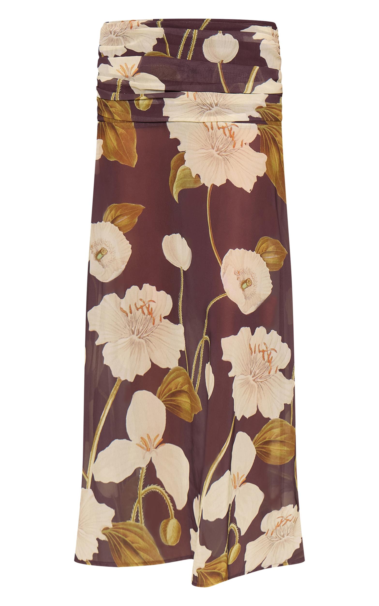 Dark Chocolate Floral Printed Chiffon Ruched Maxi Skirt Product Image