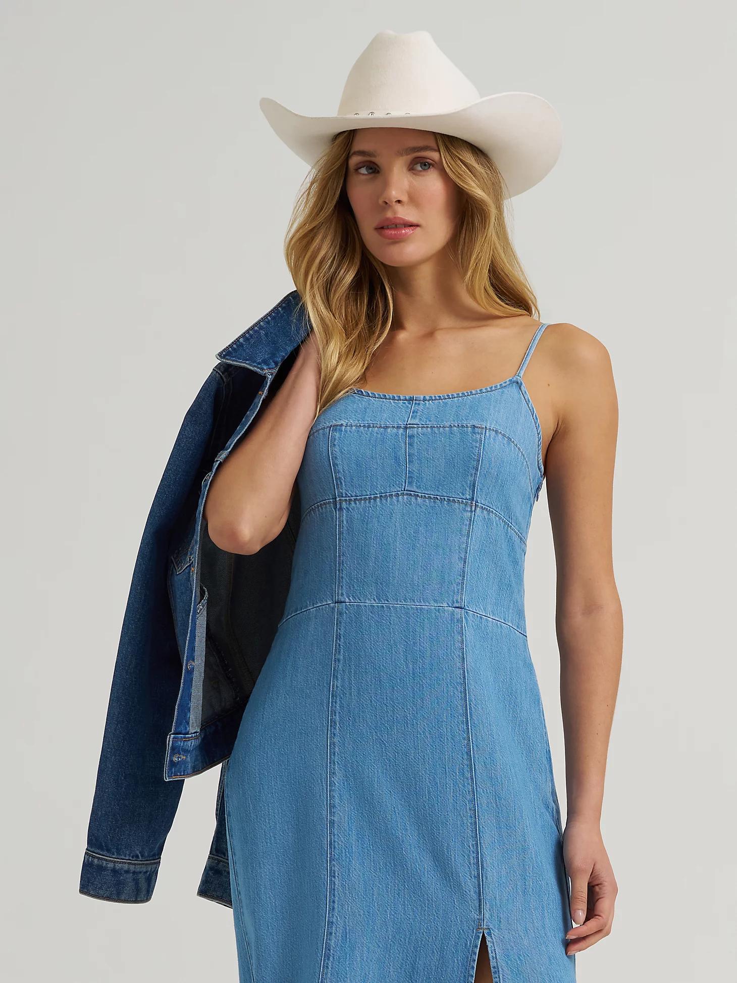 Women's Wrangler Denim Slit Front Maxi Dress in Mid Denim Product Image