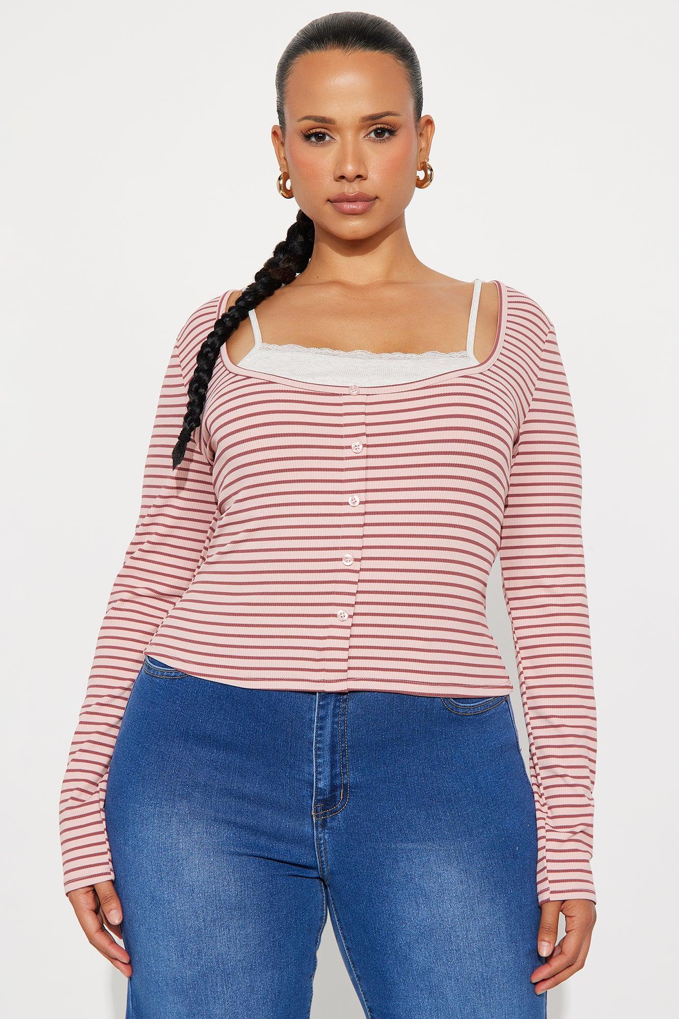 Channa Striped Ribbed Long Sleeve Top - Mauve/combo Female Product Image