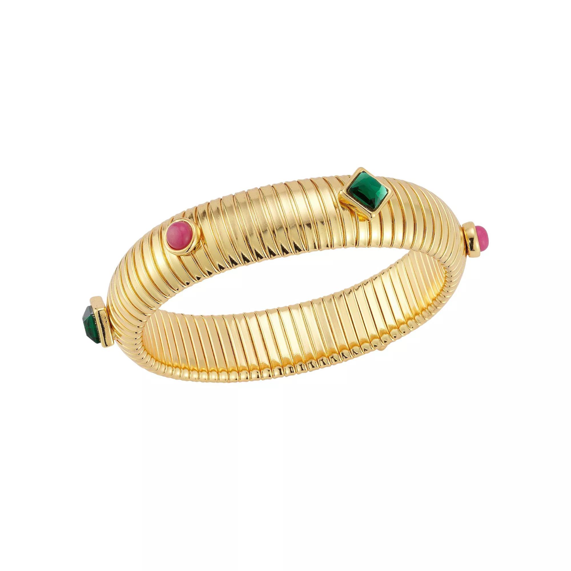 WINX 18k Gold Plated Round and Square Cubic Zirconia Ribbed Bold Bangle Bracelet, Women's, Size: 7.5", Gold Tone Product Image