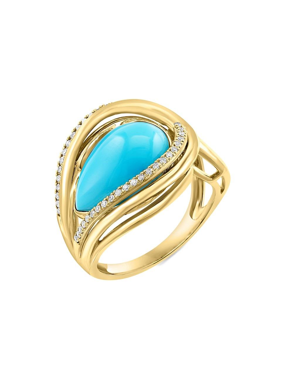 Womens 14K Yellow Gold, Turquoise & 0.16 TCW Diamond Ring Product Image