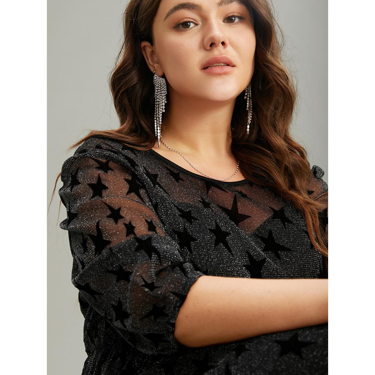 Plus Size Flocking Star Mesh Elastic Waist Dress Black Women Glamour Elastic cuffs Round Neck Elbow-length sleeve Curvy Midi Dress BloomChic 14-16/1X Product Image