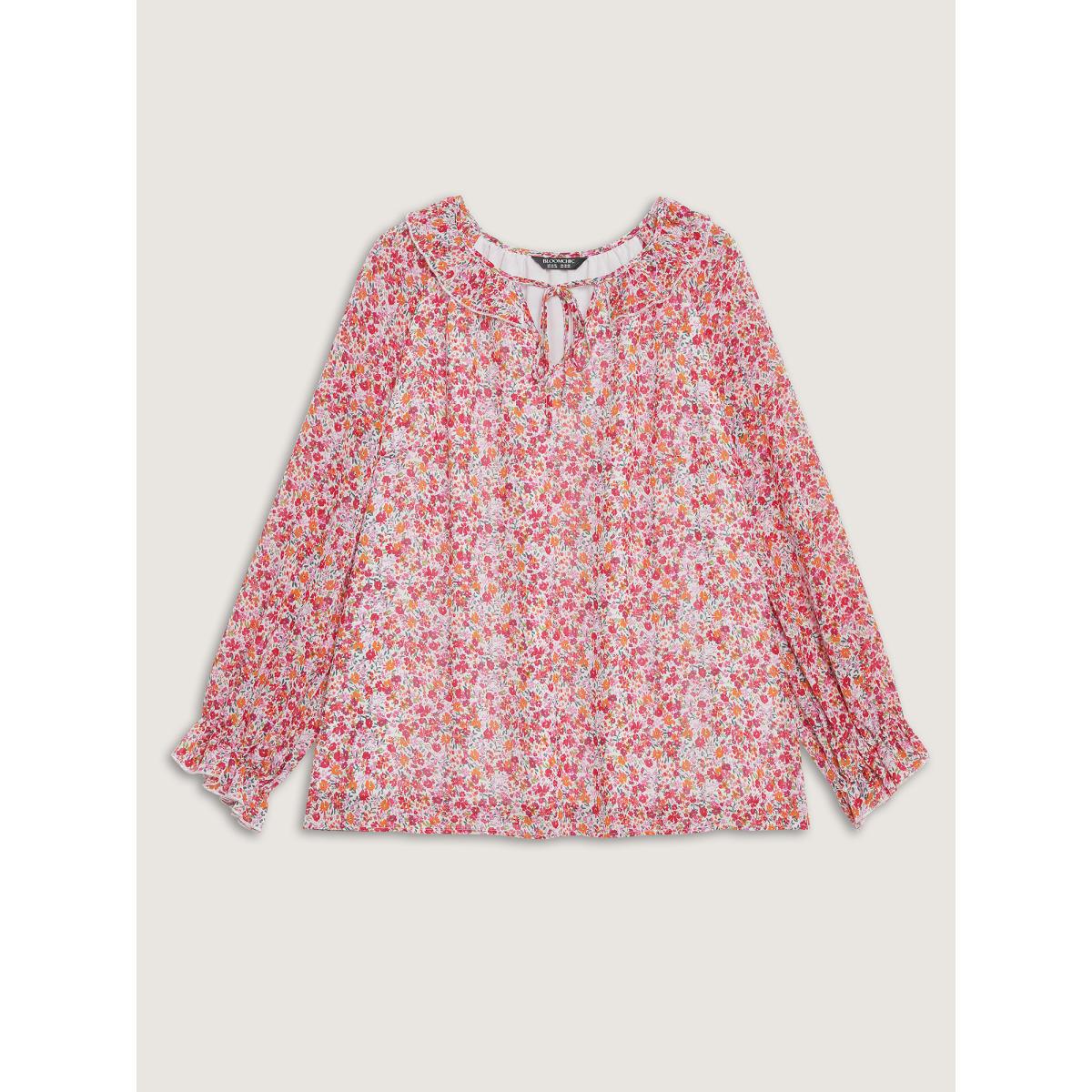 Plus Size Ivory Sweet Floral Print Ruffled Neck Blouse Women Timeless Long Sleeve V-neck Elegant Blouses BloomChic 18-20/2X Product Image