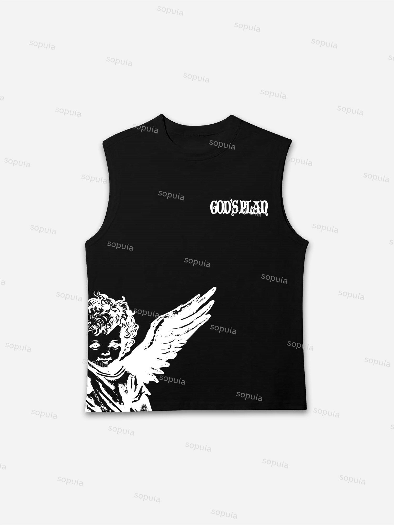 Sopula Casual Angel Graphics God's Plan Print Cotton Sleeveless Tank Top Product Image
