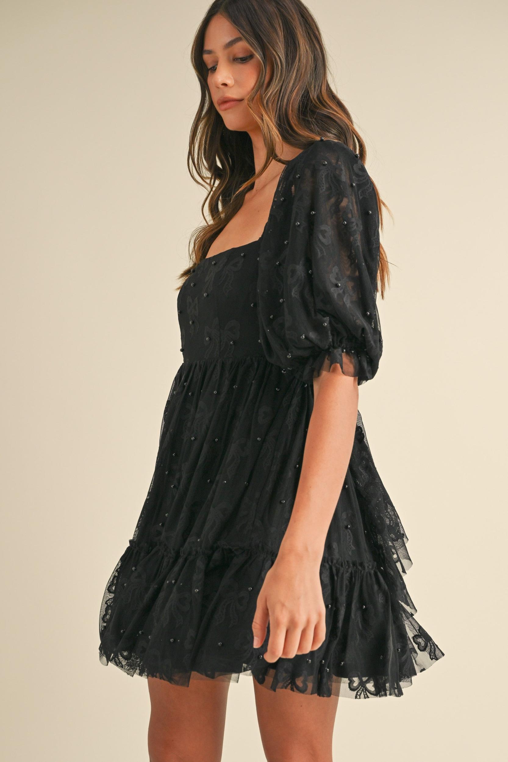 Jacquard Bow & Pearl Detail Mesh Dress Product Image