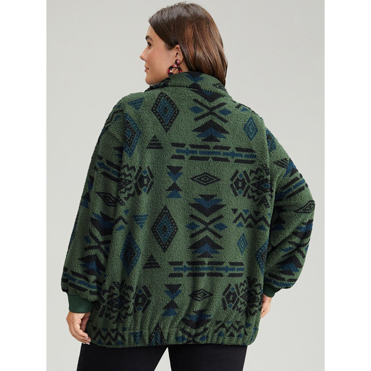Plus Size Geometric Pocket Gathered Zipper Jacket Women Green Zipper Pocket Casual Jackets BloomChic 18-20/2X Product Image