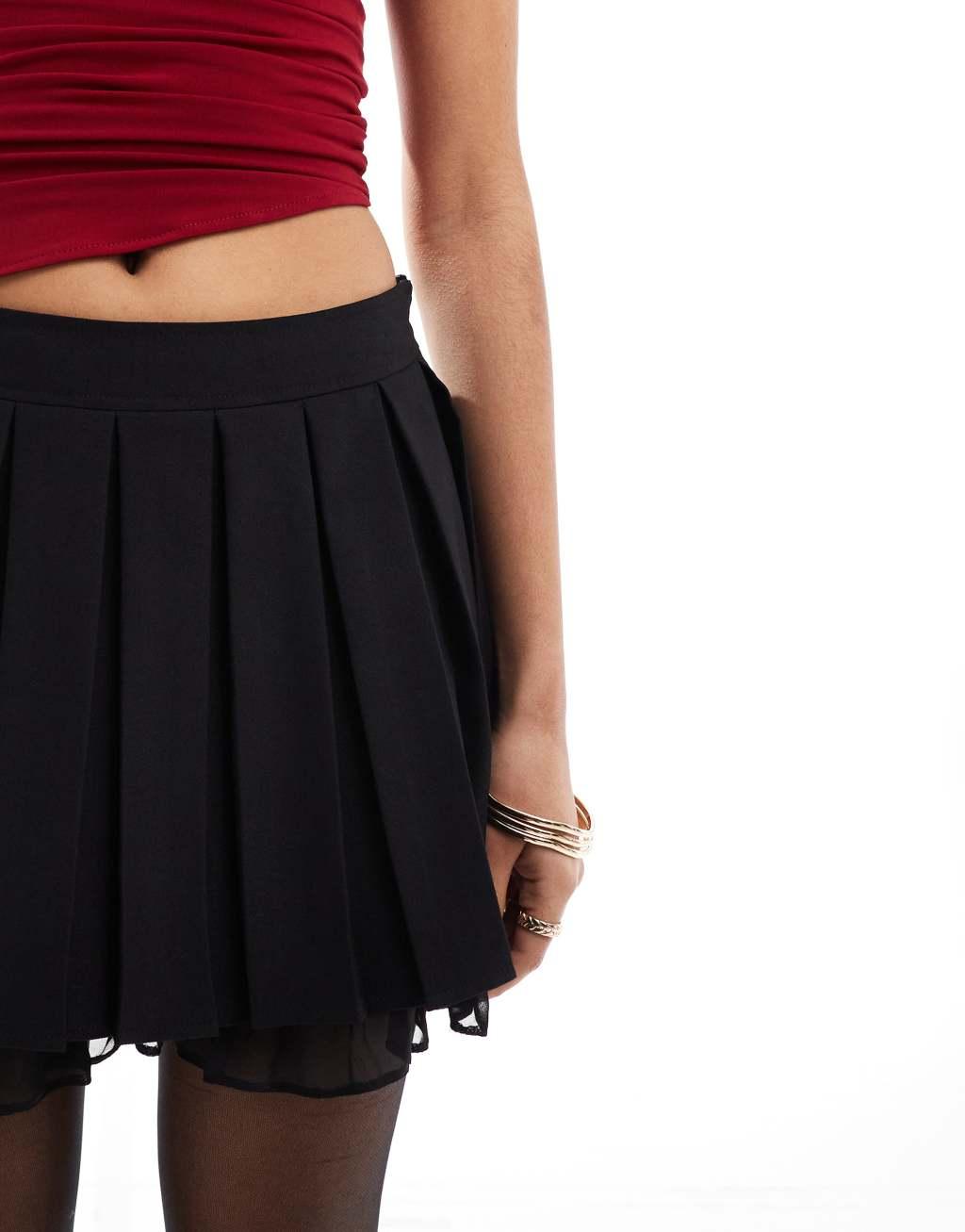 Miss Selfridge pleated mini skirt with chiffon in black Product Image