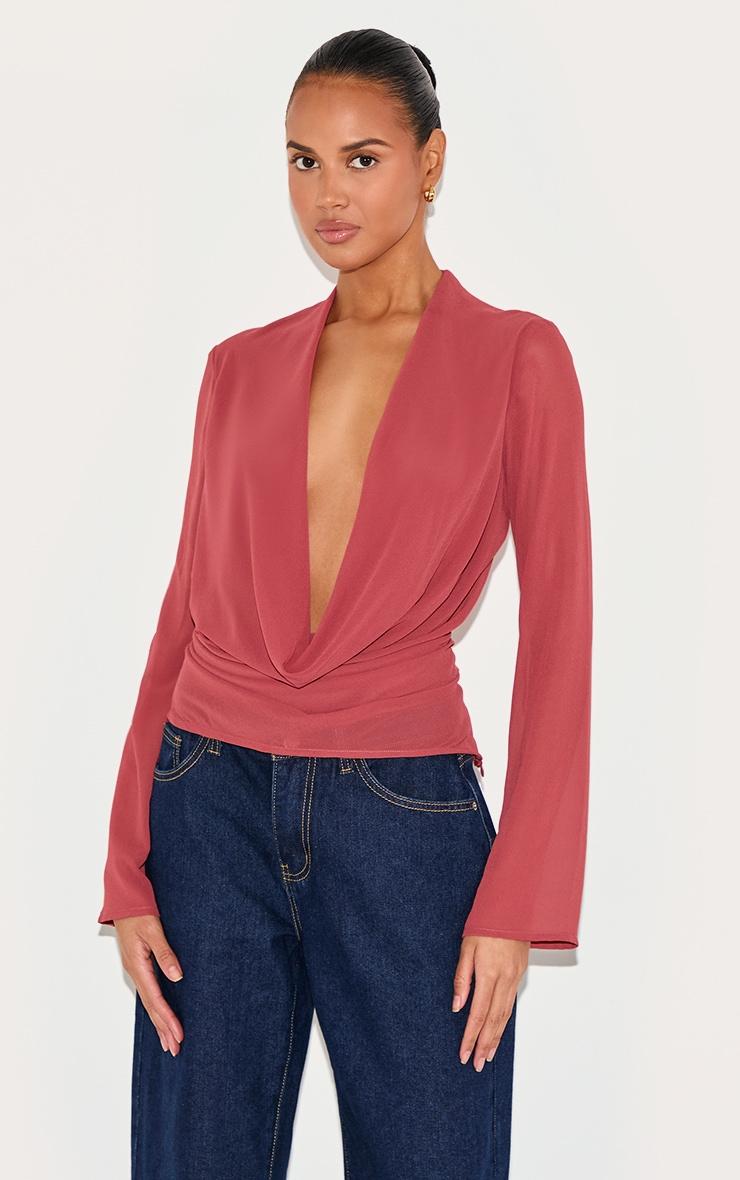 Blush Rose Chiffon Long Sleeve Sheer Cowl Blouse Product Image