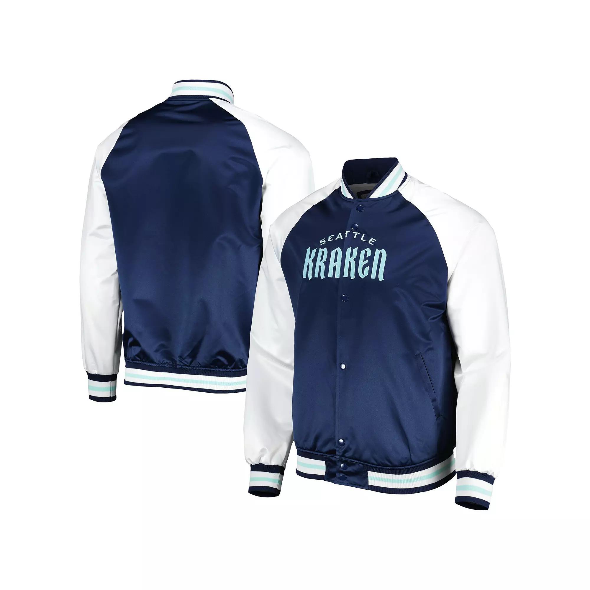 Men's Mitchell & Ness Deep Sea Blue/White Seattle Kraken Primetime Raglan Satin Full-Snap Jacket, Size: Large, Krk Blue Product Image