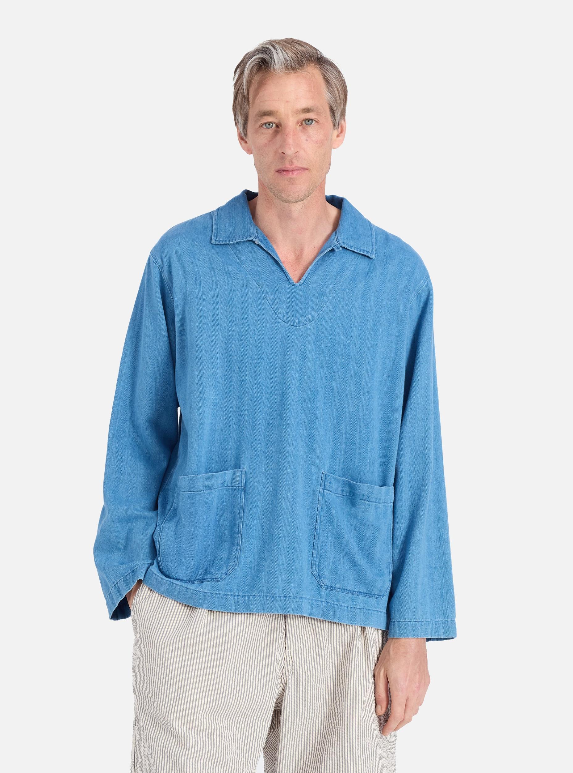 Washed Indigo Herringbone Denim  Smock Overshirt Product Image