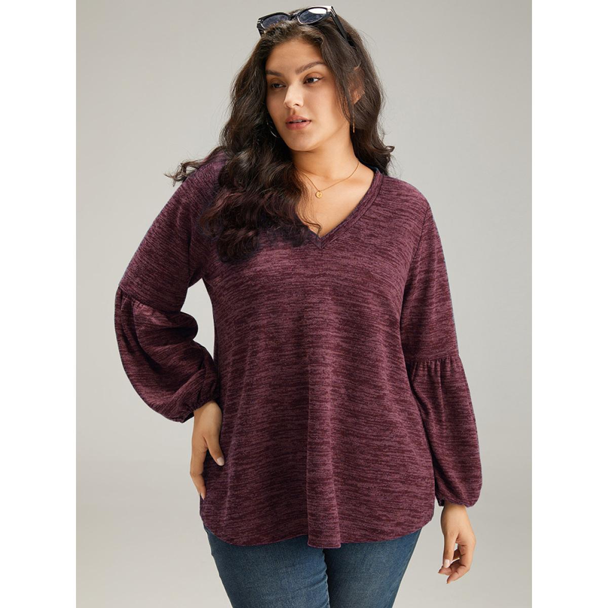 Plus Size Heather V Neck Lantern Sleeve Sweatshirt Women Cyan Casual Elastic cuffs V-neck Dailywear Sweatshirts BloomChic 10/M Product Image