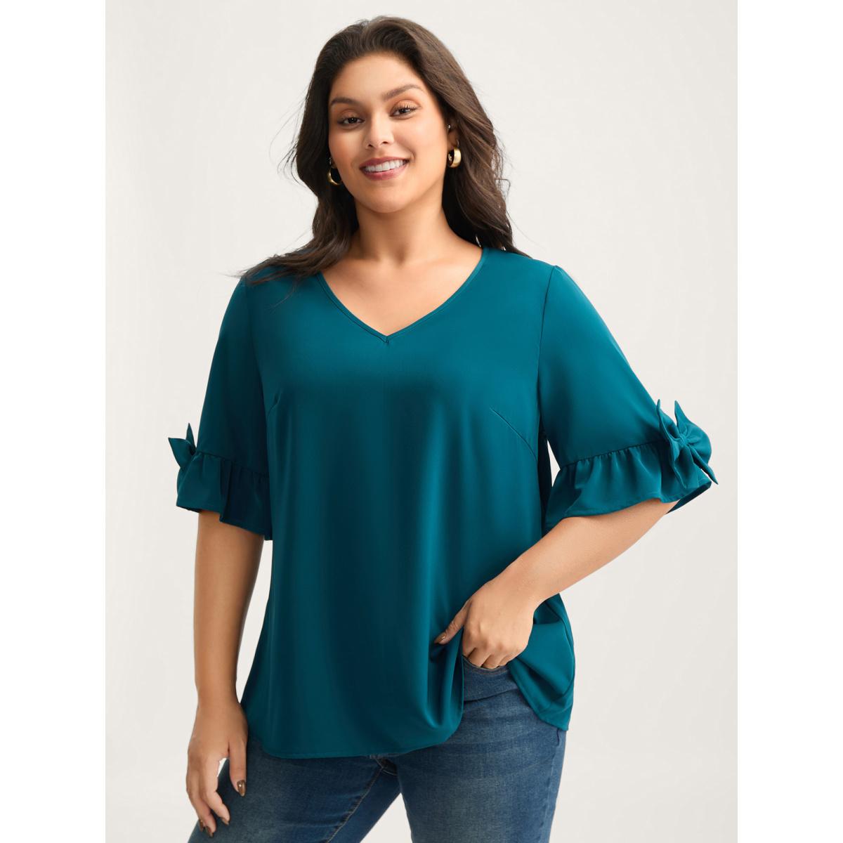Plus Size Aegean Ruffled 3D Bow Detail Solid Blouse Women Half Sleeve V-neck Everyday-Casual Blouses BloomChic 14-16/1X Product Image