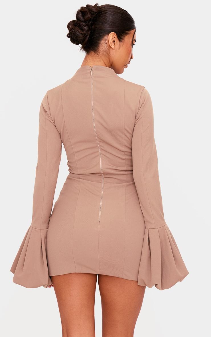 PLT Label Taupe High Neck Puff Sleeve Bodycon Dress Product Image