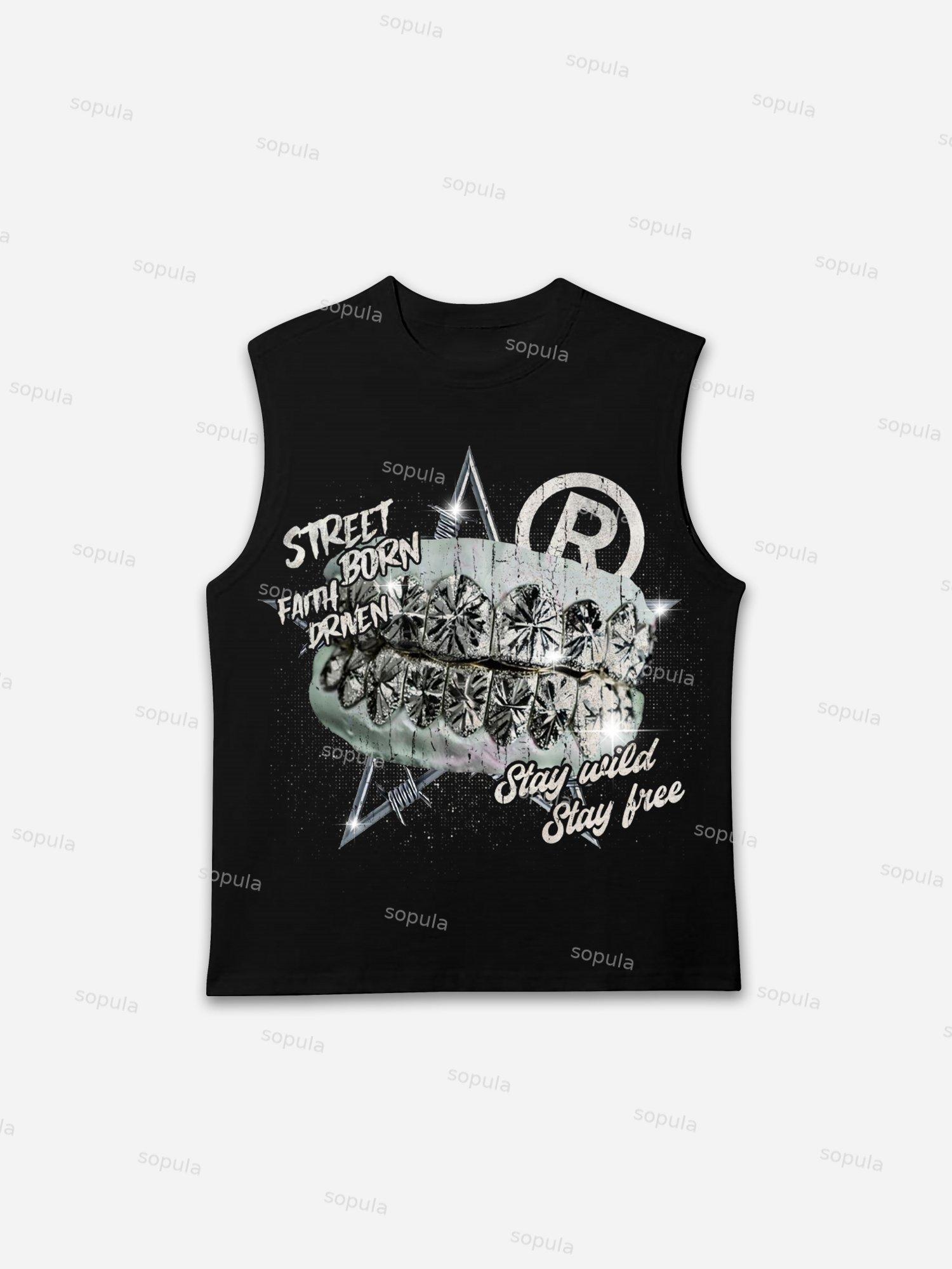 Aged Vintage Stars Plastered Diamond Braces Graphic Sleeveless Shirts Tank Top Product Image