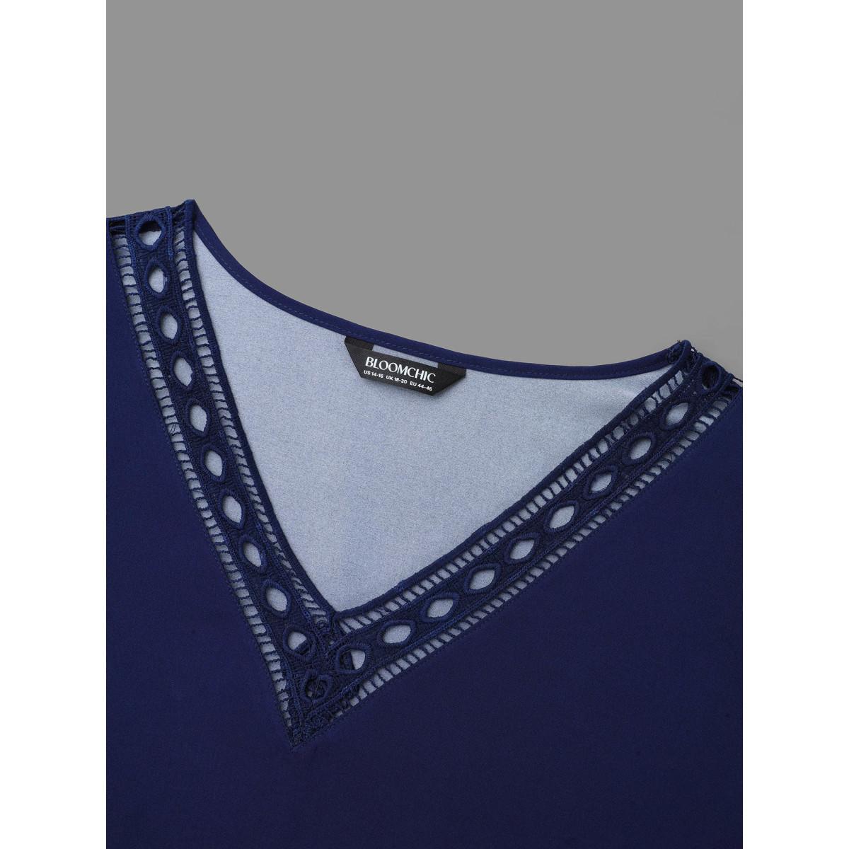 Plus Size Indigo Floral V Neck Cut-Out Lace Blouse Women Elegant Elbow-length sleeve V-neck Everyday Blouses BloomChic 22-24/3X Product Image