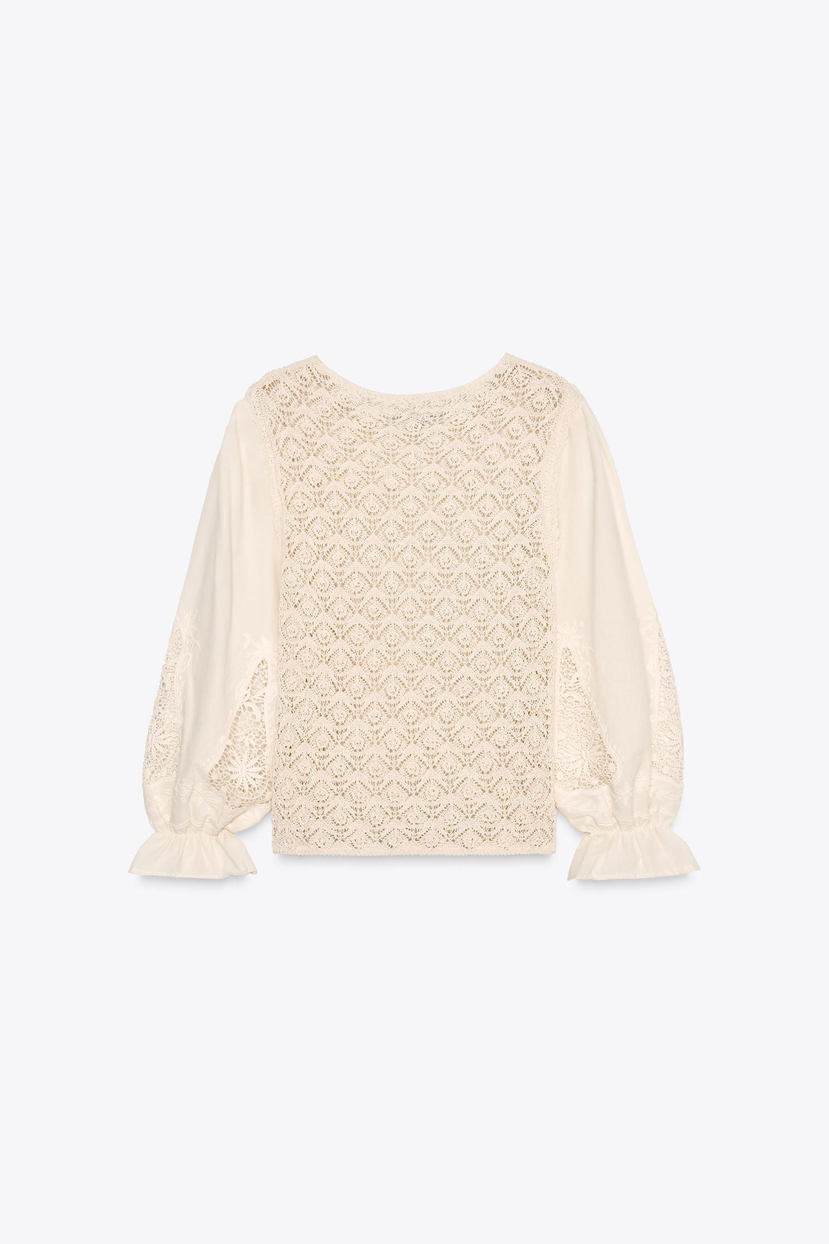 POINTELLE KNIT SWEATER WITH CONTRASTING SLEEVES Product Image