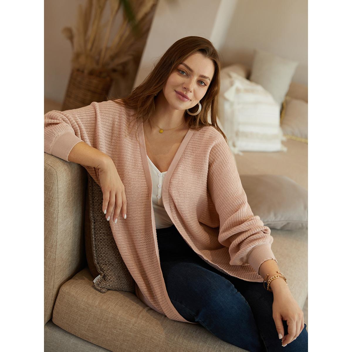 Plus Size Plain Textured Curved Hem Cardigan Champagne Women Casual Loose Long Sleeve Everyday Cardigans BloomChic 10/M Product Image