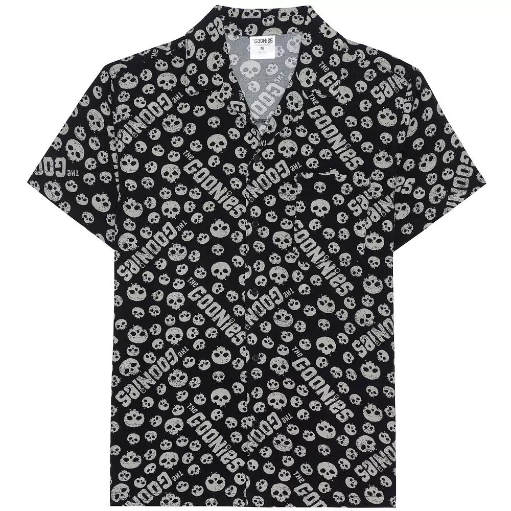 Men's Goonies Allover Print Woven Short Sleeve Button-Down Shirt, Size: Medium, Black Product Image