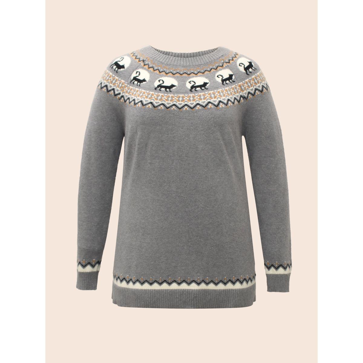 Plus Size Supersoft Essentials Wicked Cat Fair Isle Yoke Printed Pullover DarkGray Women Leisure Long Sleeve Round Neck Casual Pullovers BloomChic 26/4X Product Image