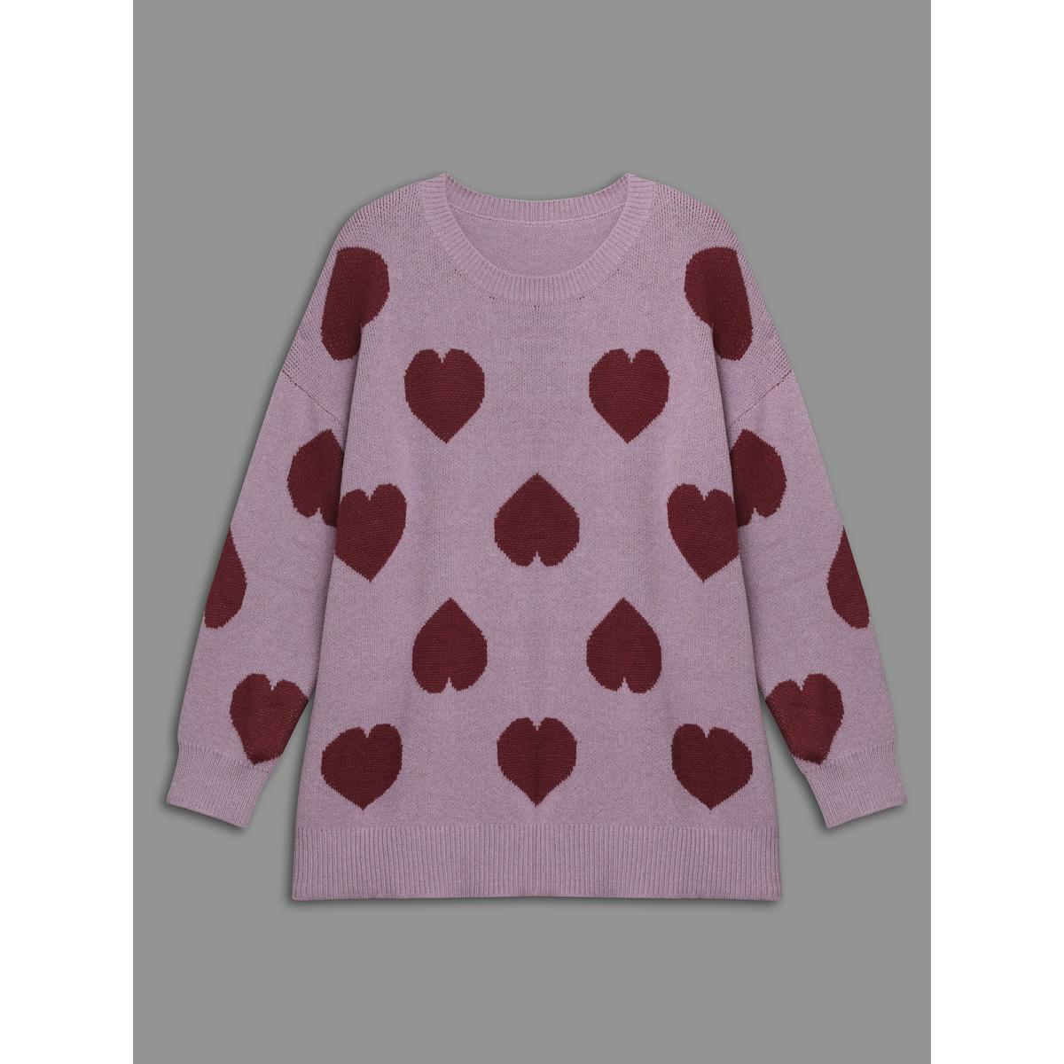 Plus Size Round Neck Contrast Heart Jacquard Pullover Lilac Women Casual Loose Long Sleeve Round Neck Everyday Pullovers BloomChic 30/6X Product Image