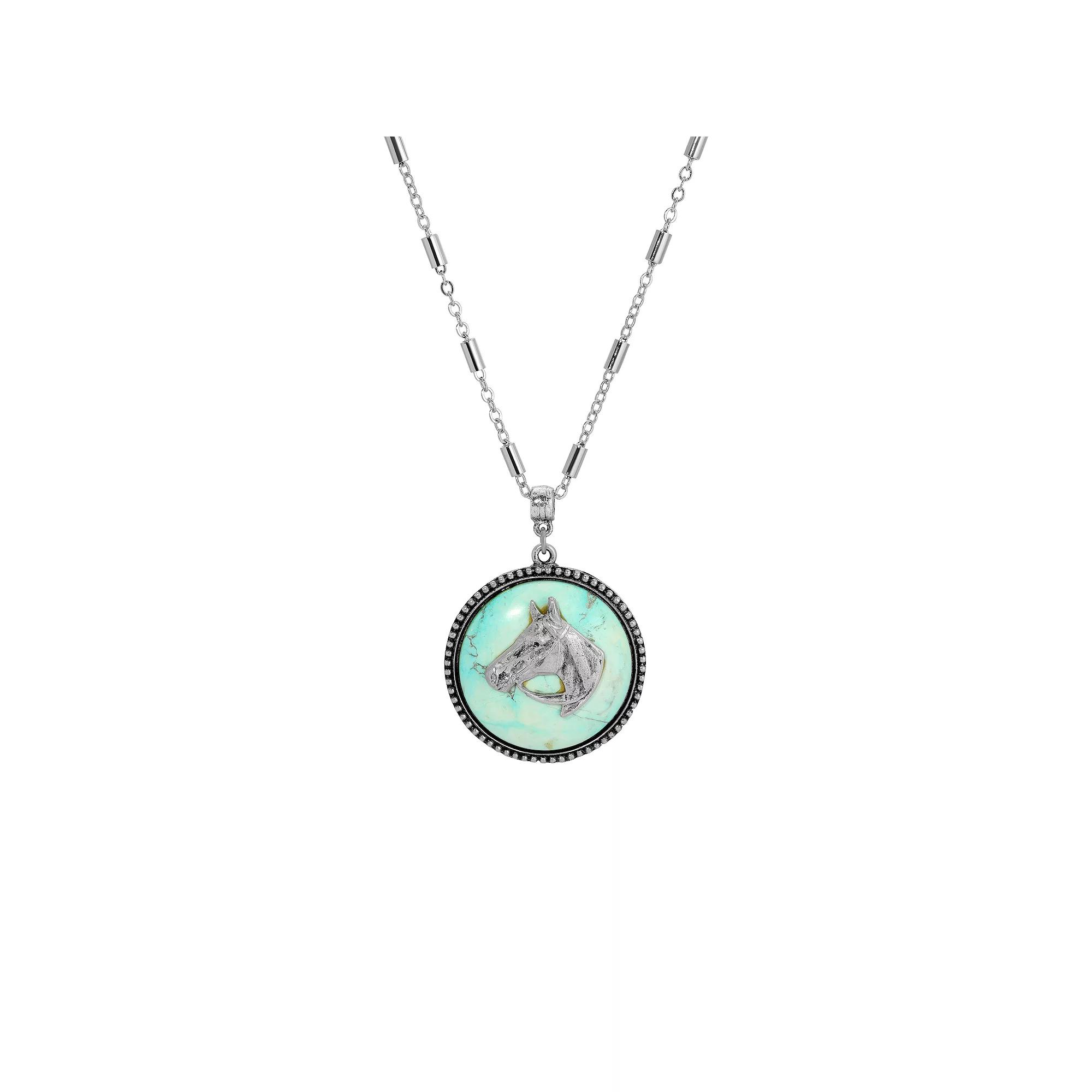 1928 Silver Tone Round Simulated Turquoise Horse Pendant Necklace, Womens Product Image