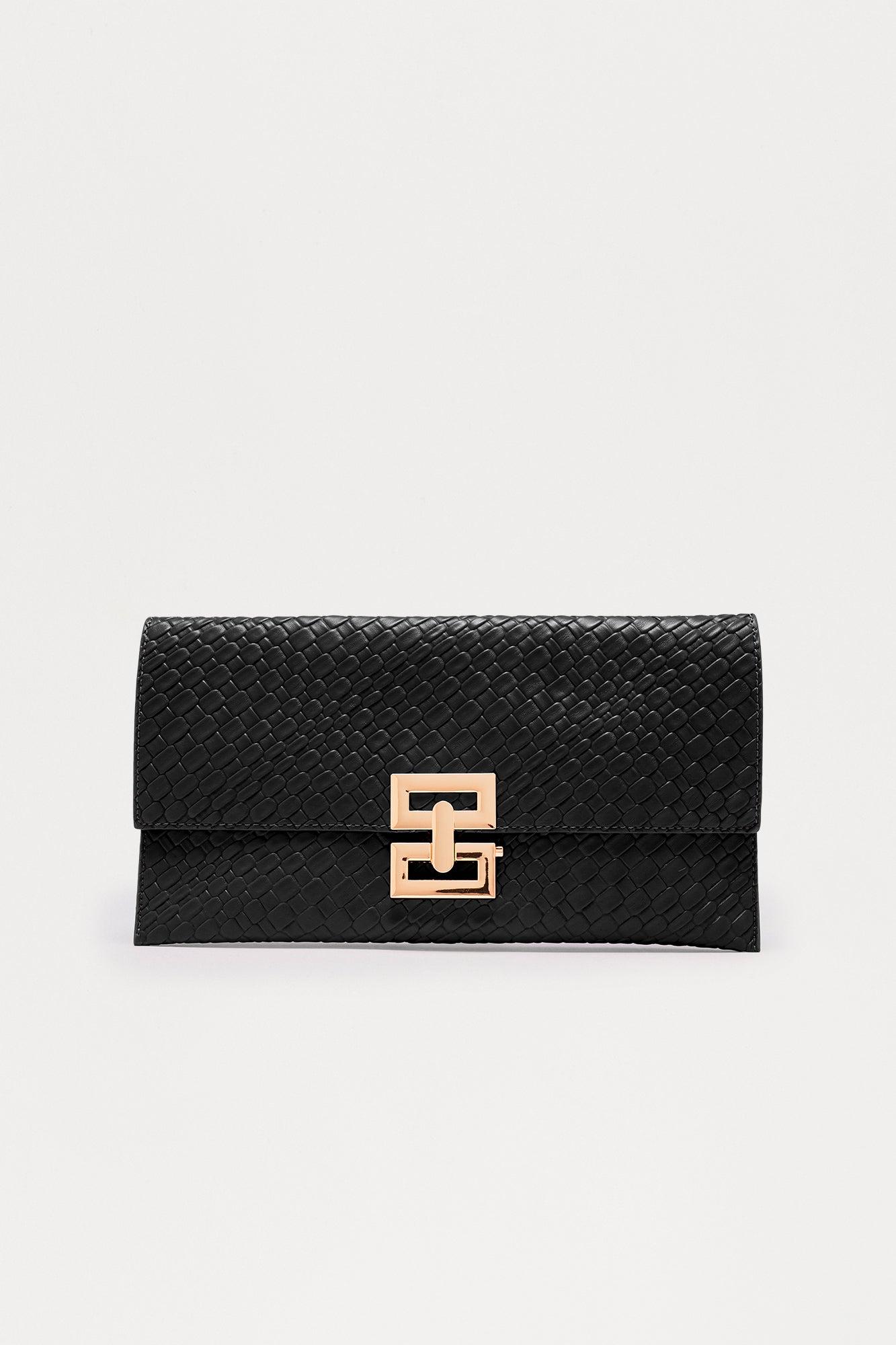 Croc Crush Embossed Faux Leather Clutch - Black Female Product Image