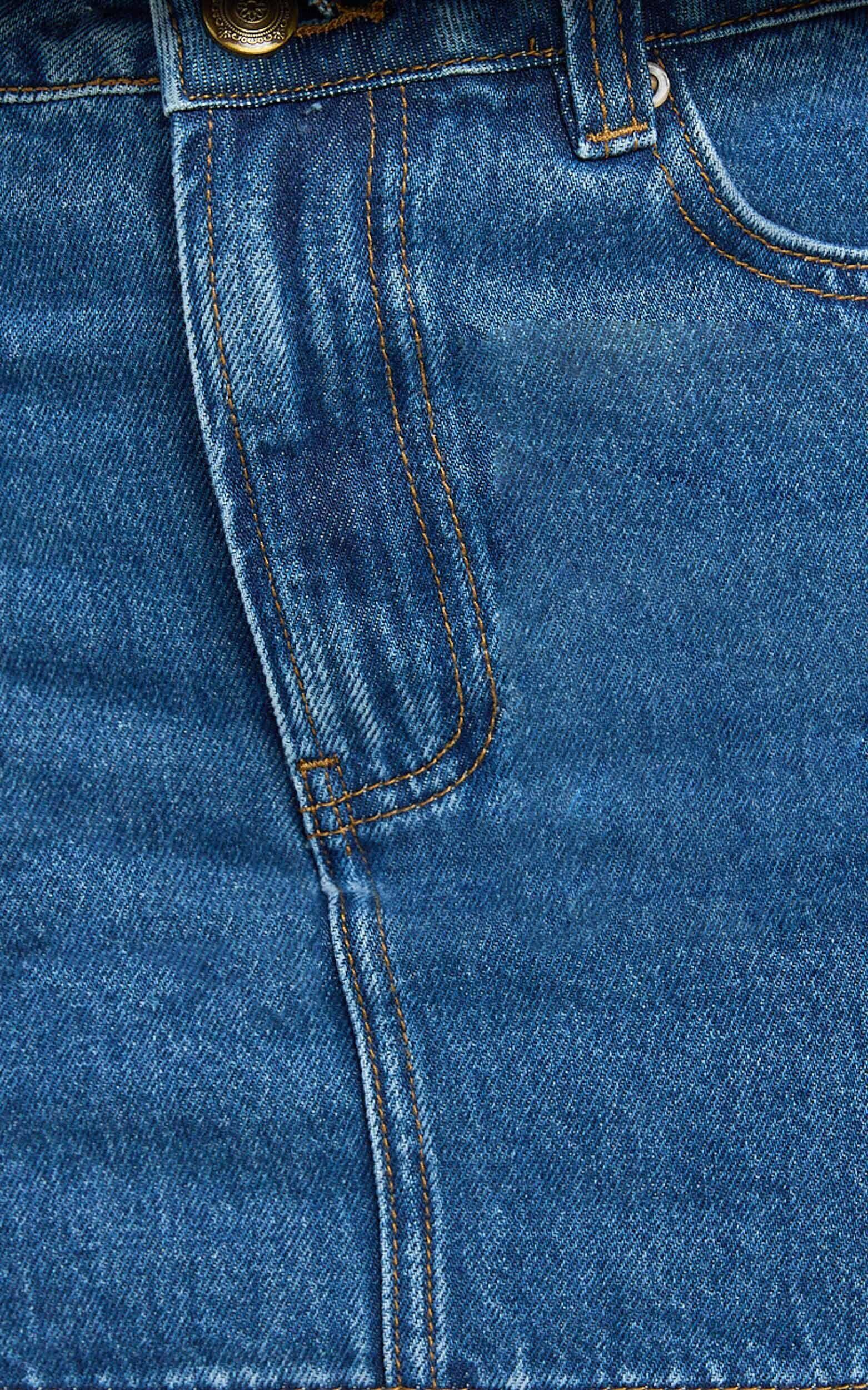 Pamela Mini Skirt - Low Rise Double Button Recycled Denim Skirt in Dark Blue Wash Product Image