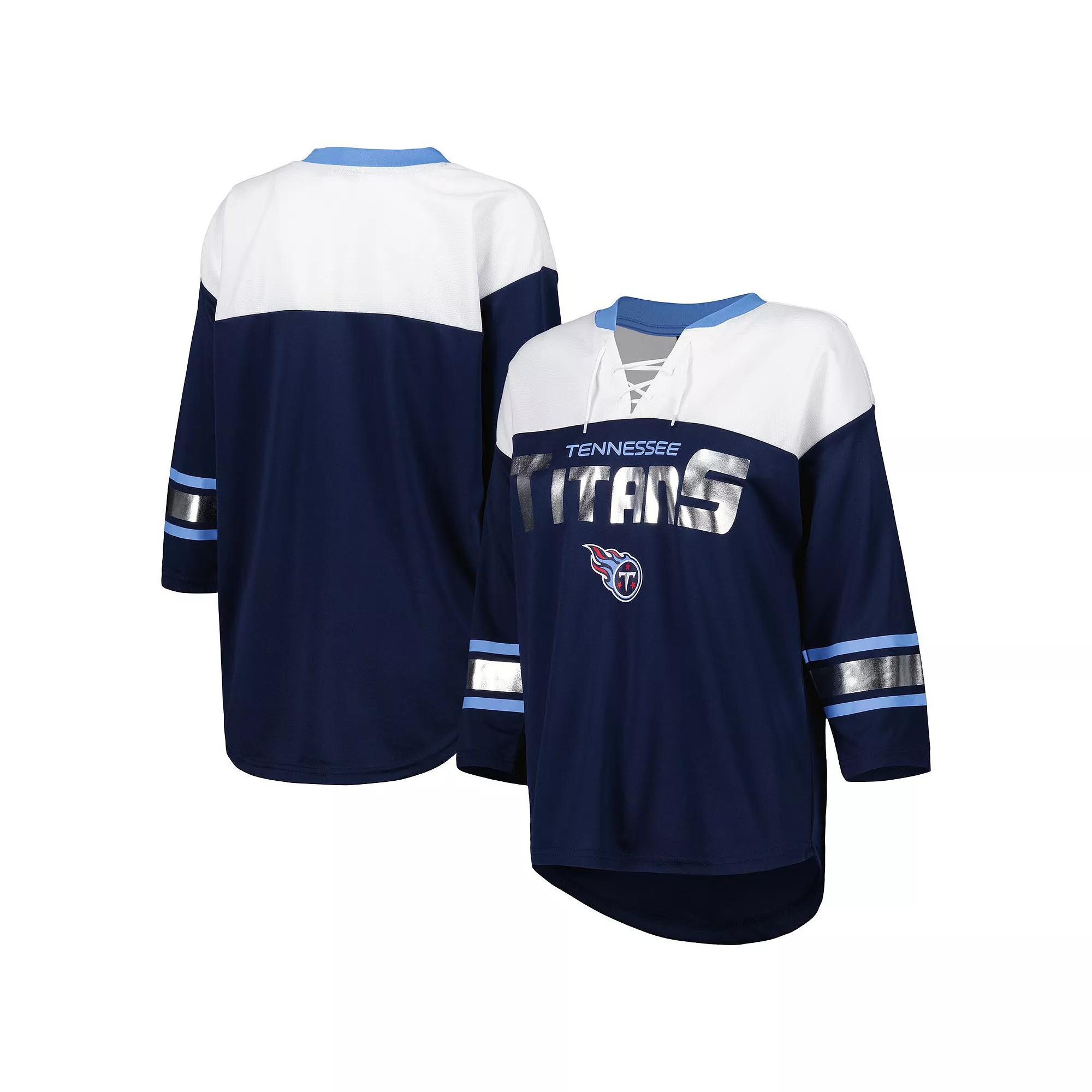 Women's G-III 4Her by Carl Banks Navy/White Tennessee Titans Double Team 3/4-Sleeve Lace-Up T-Shirt, Size: Small, Blue Product Image