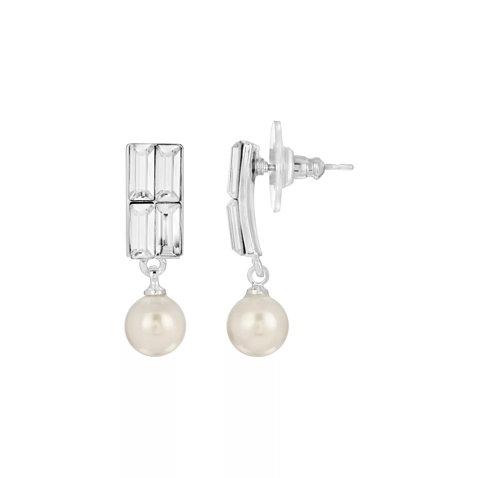 1928 Silver Tone Simulated Crystal and Faux Pearl Drop Earrings, Women's, White Product Image