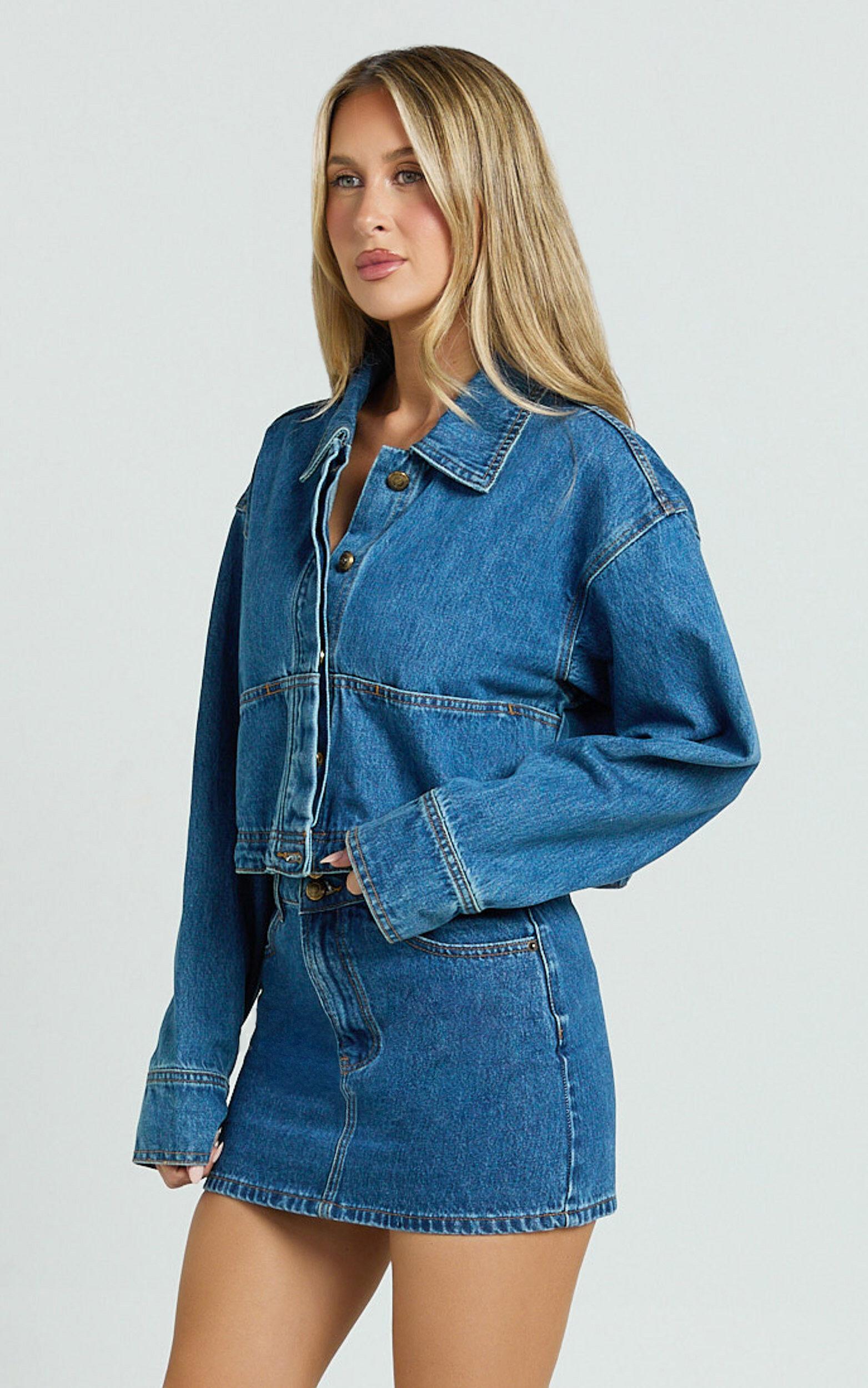 Pamela Jacket - Cropped Boxy Fit Recycled Denim Jacket in Dark Blue Wash Product Image