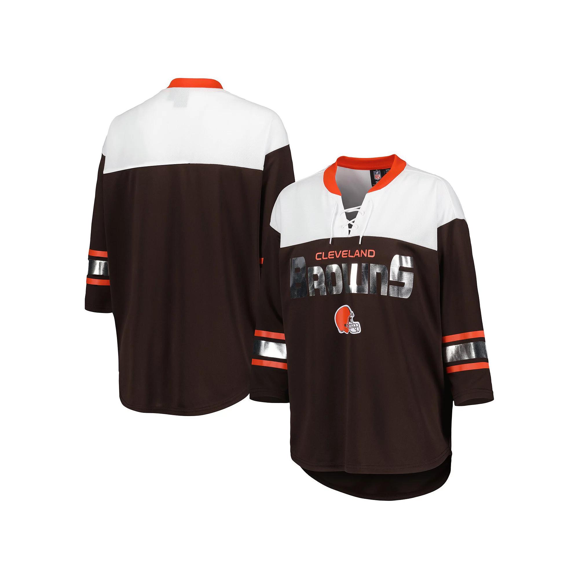 Women's G-III 4Her by Carl Banks Brown/White Cleveland Browns Double Team 3/4-Sleeve Lace-Up T-Shirt,  Product Image