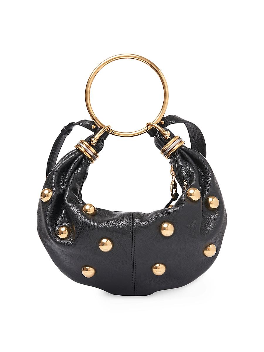 Womens Small Bracelet Studded Grained Leather Hobo Bag Product Image