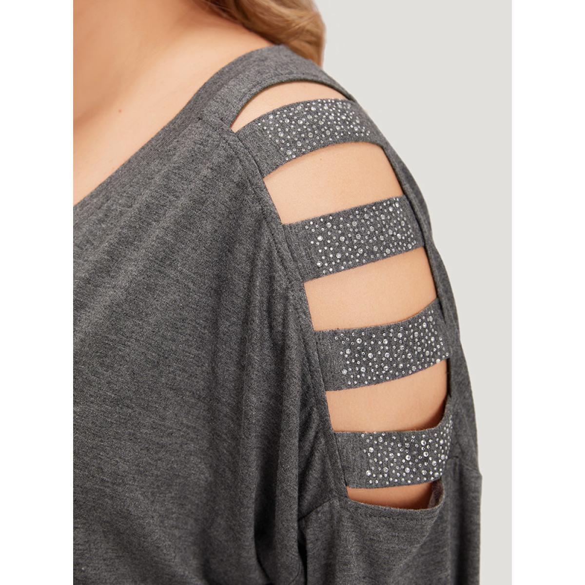 Plus Size Rhinestone Detail Hollow Out V Neck Long Sleeve T-shirt DimGray Women Casual Cut-Out Plain V-neck Dailywear T-shirts BloomChic 14-16/1X Product Image