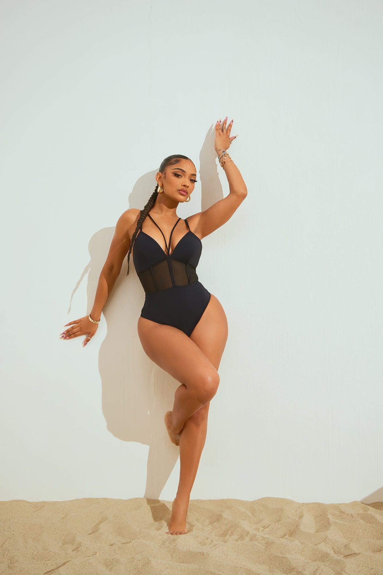 Laying Poolside Illusion Mesh Cutout 1 Piece Swimsuit - Black Product Image