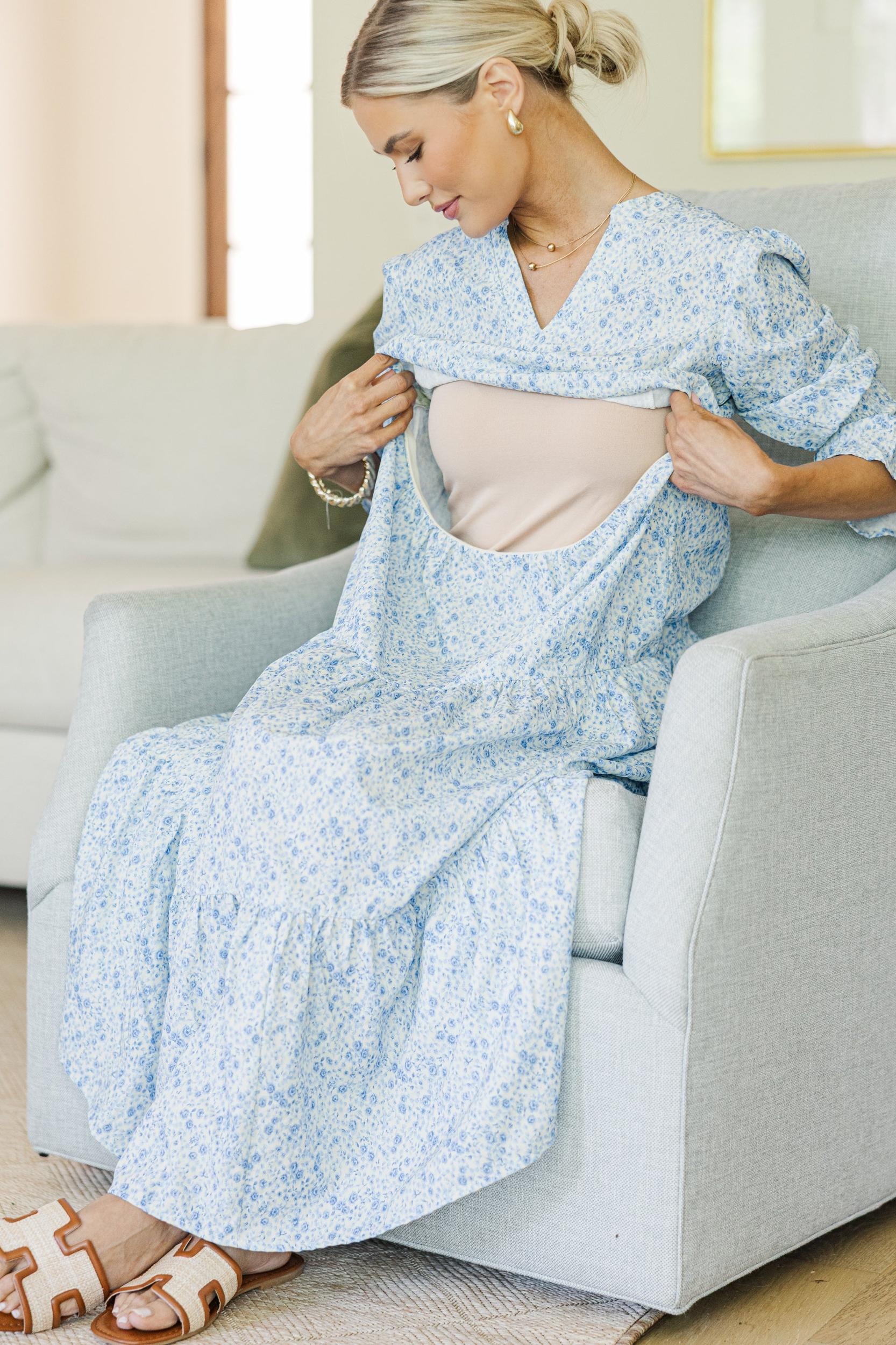 NURSING COLLECTION: What A Surprise Blue Ditsy Floral Tiered Midi Dress Female Product Image