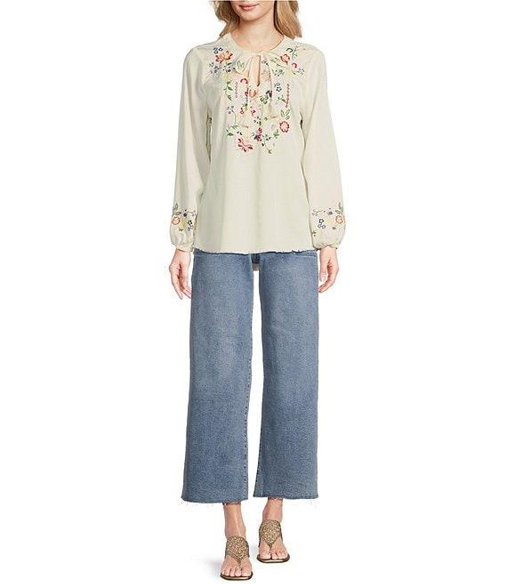 Reba Nell Woven Split Neck 3/4 Blouson Sleeve Scalloped Lace Blouse Product Image