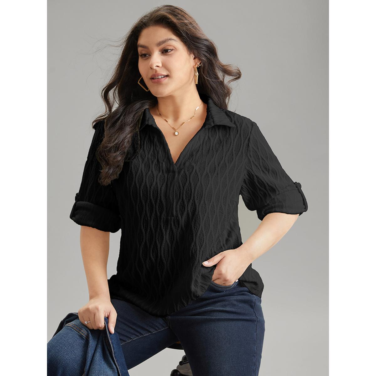 Plus Size Black Plain Shirt Collar Tab Sleeve Jacquard Blouse Women Casual Long Sleeve Shirt collar Office Blouses BloomChic 30/6X Product Image