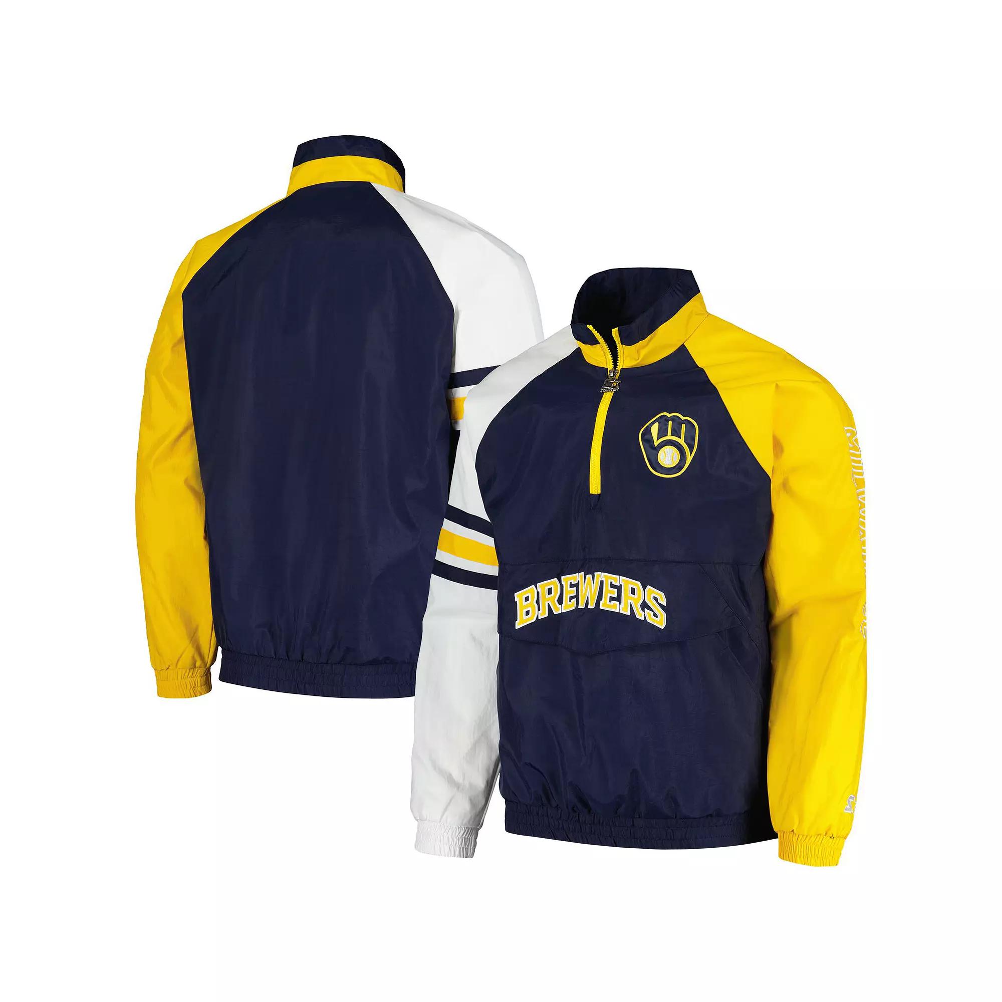 Men's Starter Navy/Gold Milwaukee Brewers Elite Raglan Half-Zip Jacket, Size: Small, Blue Product Image