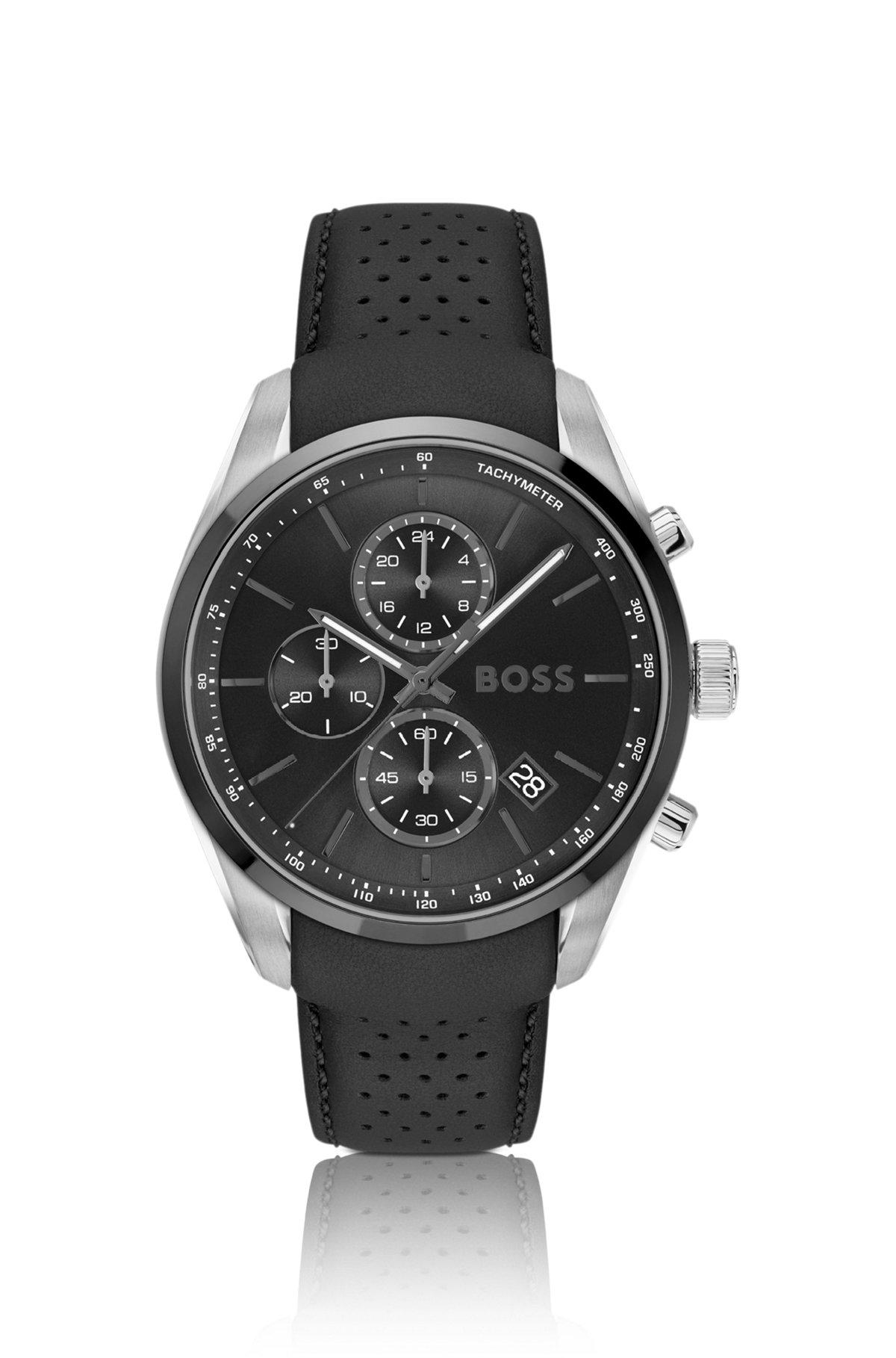 BOSS - Black-plated chronograph watch with gray leather strap Product Image