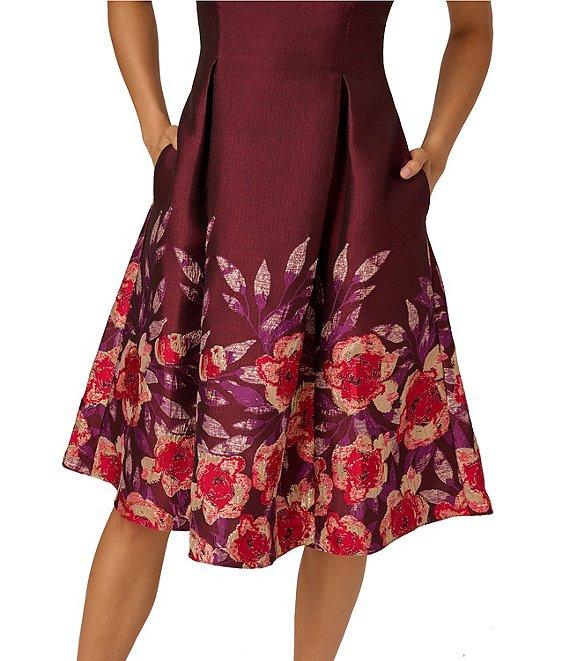 Adrianna Papell Jacquard Notch Scoop Neck Floral Print Pleated Sleeveless Midi Dress Product Image