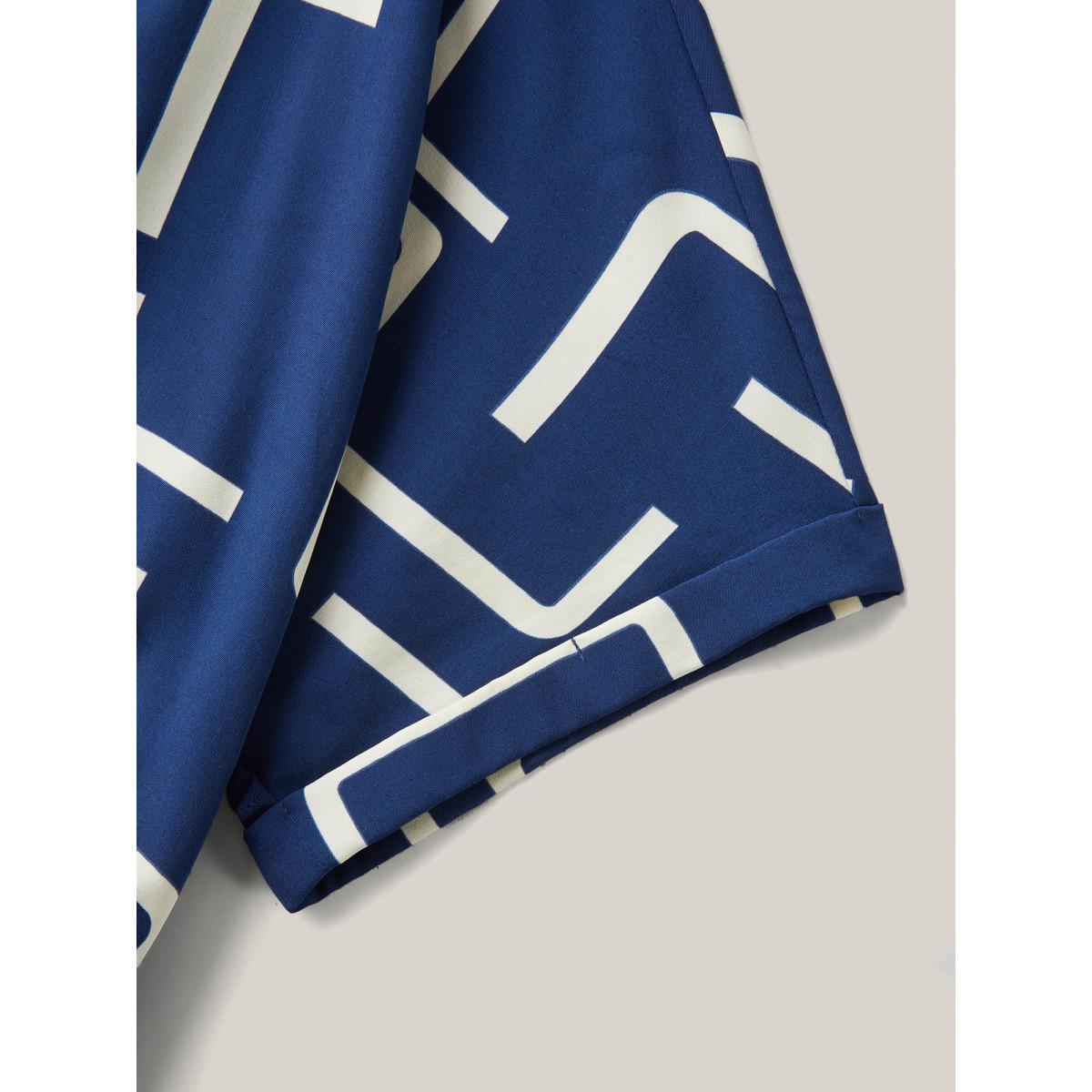 Plus Size Geometric Print Curved Hem Midi Dress Navy Women Office Flat collar with V-notch Short sleeve Curvy BloomChic 14-16/1X Product Image