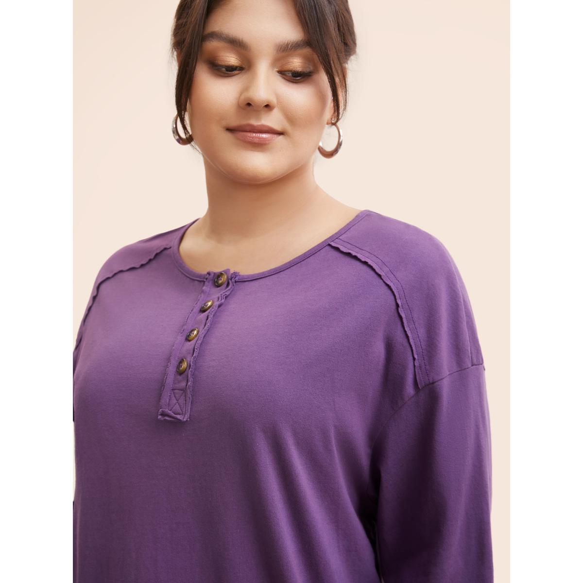 Plus Size Vintage Button Up Drop Shoulder T-shirt Deeppurple Women Casual Button Round Neck Everyday T-shirts BloomChic 14-16/1X Product Image