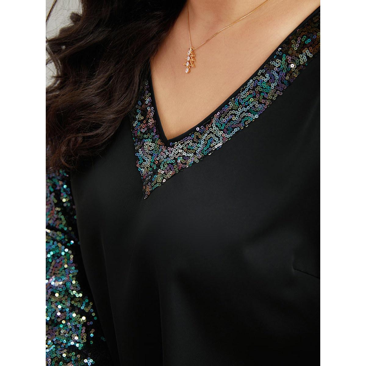 Plus Size Black Sequin Patchwork V Neck Blouse Women Glamour Long Sleeve V-neck Going out Blouses BloomChic 10/M Product Image