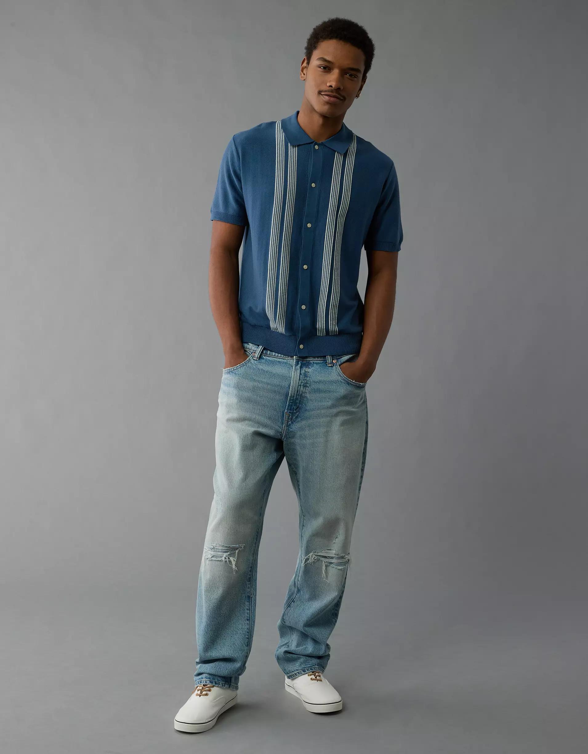 AE Weekend Button-Up Striped Sweater Polo Shirt Product Image