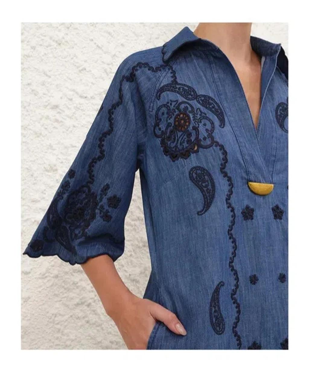 ZIMMERMANN Womens Railway Blue Aster Embroidered Denim Midi Dress Xs Product Image