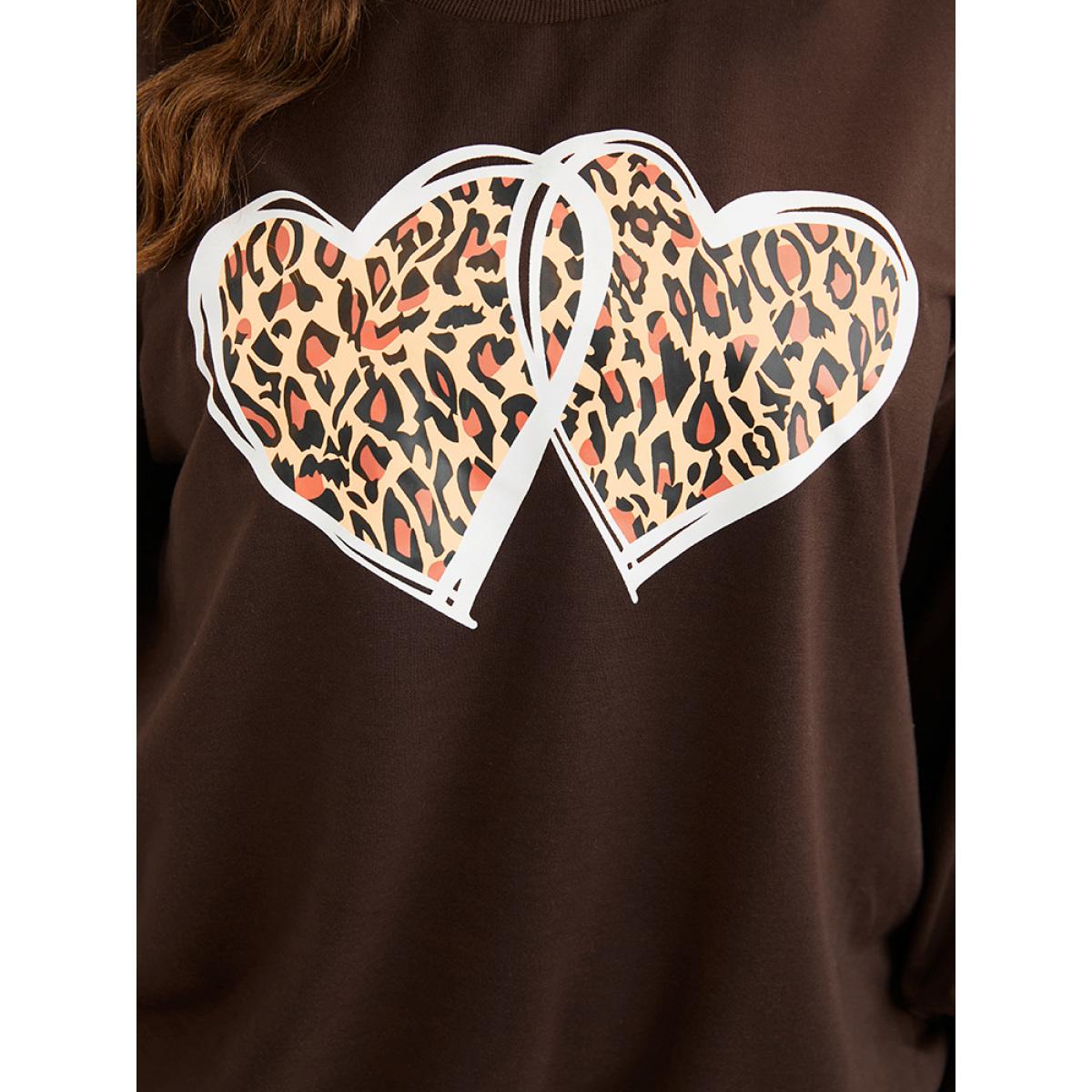 Plus Size Heart & Leopard Print Drop Shoulder Sweatshirt Women DarkBrown Casual Plain Round Neck Dailywear Sweatshirts BloomChic 10/M Product Image