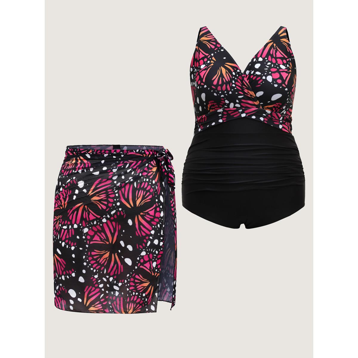 Plus Size Two-Piece Butterfly Pattern Sarong Swimsuit Women's Swimwear Multicolor Beach Curve Bathing Suits High stretch One Pieces BloomChic 26/4X Product Image