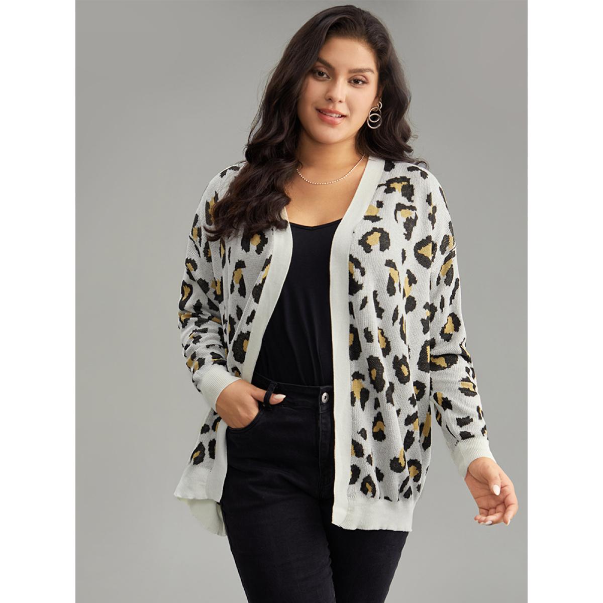 Plus Size Leopard Print Elastic Cuffs Cardigan Leopard Women Casual Loose Long Sleeve Dailywear Cardigans BloomChic 30/6X Product Image